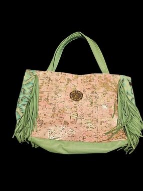 Fringed Pink and Mint Tote Bag with Emblem